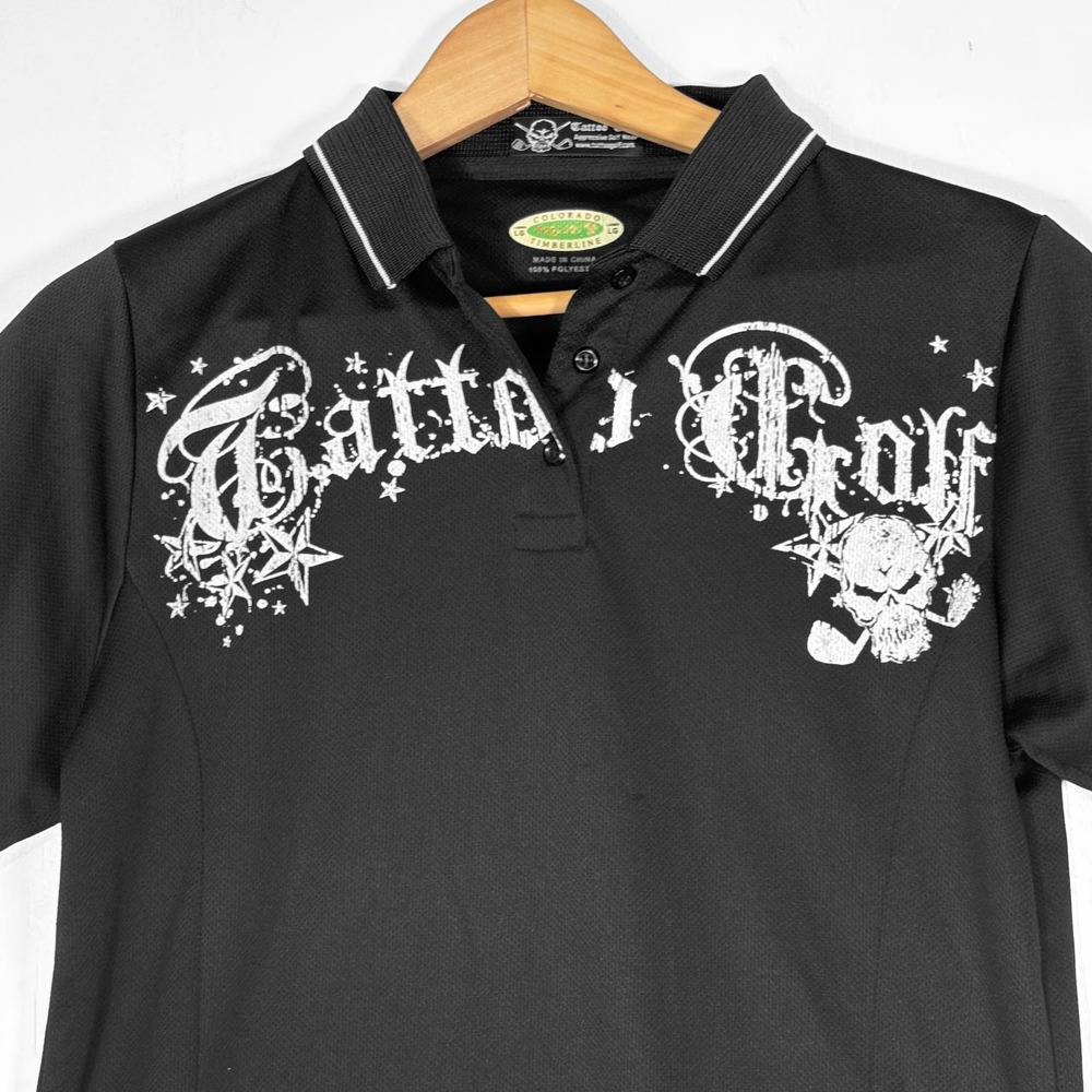 Tattoo Golf Black Skull Graphic Polo Shirt Womens L Punk Gothic